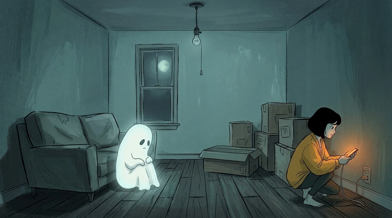 A small ghost watches as a woman reconnects her phone in a painted moonlit room
